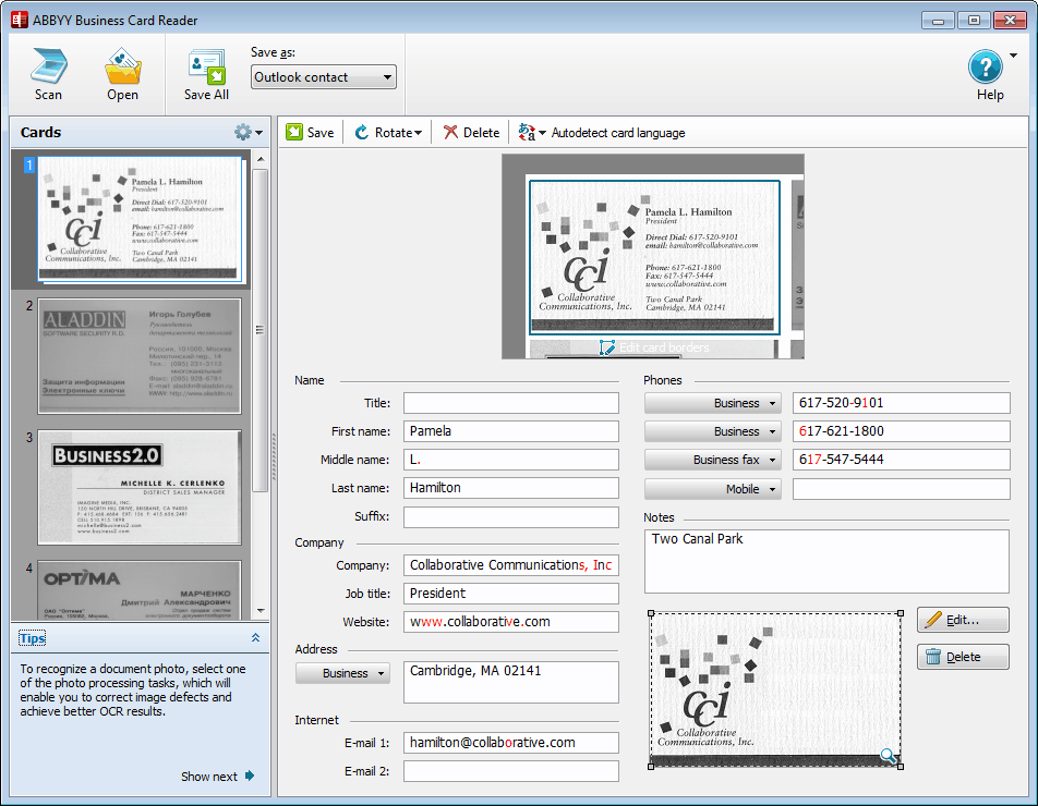 abbyy business card reader windows