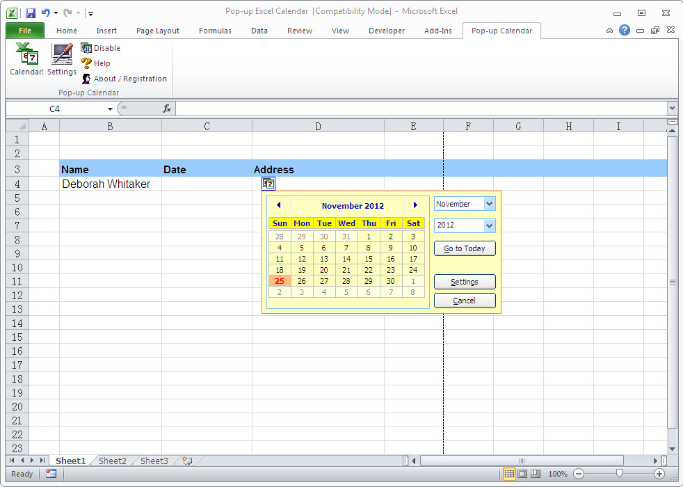 Pop-up Excel Calendar - Excel Add-ins Software Download for PC